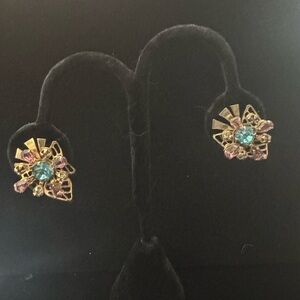 Pink Blue and Clear Rhinestone Flower Screw-Back Earrings